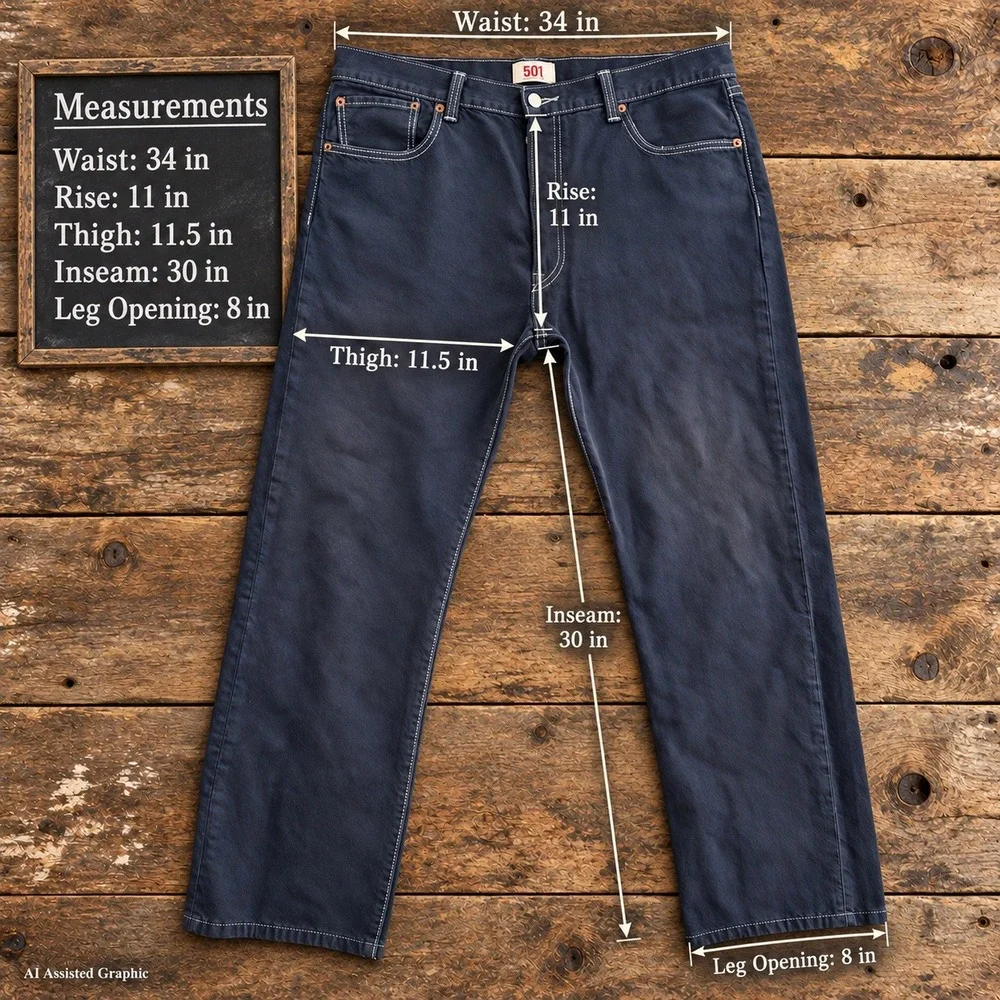 Levis 501 Mens Jeans 34x30 Dark Blue White Contrast Stitch Straight Leg EU